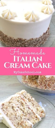 homemade italian cream cake with white frosting and sprinkles