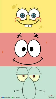 three cartoon faces with different expressions on each face, one is smiling and the other has eyes