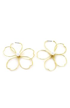 A floral-inspired design shaped from slender 14-karat gold-plated wire defines these lightweight earrings centered with a milky imitation pearl. 2 1/2" diameter 10mm pearl Post back 14k-gold plate/imitation pearl Imported Flower Shaped Pearl Earrings For Spring, Floral Pearl Earrings For Spring, Elegant Hoop Earrings With Ear Wire For Spring, Spring Gold Jewelry With Pearl Drop, Elegant Metal Flower Hoop Earrings, Gold Pearl Drop Earrings For Spring, Spring Gold Pearl Jewelry, Spring Pearl Drop Gold Jewelry, Spring Pearl Gold Jewelry