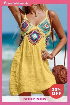 Yellow Sexy Casual Patchwork Backless Spaghetti Strap Beach Dress Dresses Casual Cami Sundress For Vacation, Summer Beach Cami Mini Dress, Beach Season Cami Sundress, Casual Cami Sundress For The Beach, Summer Cami Mini Dress For Beach, Casual Cami Mini Dress For Beach, Beach Season Cami Mini Dress, V-neck Sleeveless Dress For Summer Beachwear, Cami Mini Dress For Beach Season