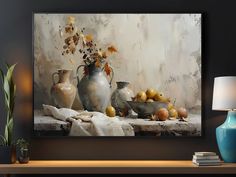 an oil painting of vases and fruit on a table next to a blue lamp