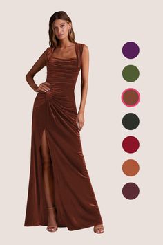 a woman in a long brown dress standing next to color swatches and the image shows different colors