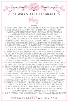 the 31 ways to celebrate may in pink and white with text overlaying it