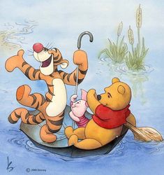 winnie the pooh and tigger riding on a boat in water with an umbrella