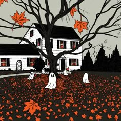 halloween scene with pumpkins and ghost in front of a white house surrounded by leaves