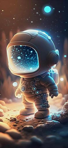 an astronaut walking on the moon in outer space with stars and planets behind him,