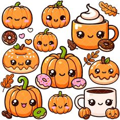 an assortment of pumpkins and coffee mugs with faces on them, all in cartoon style