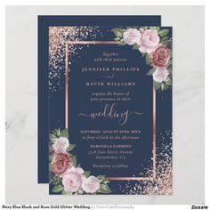 a wedding card with pink flowers and gold glitters on the border, in navy blue