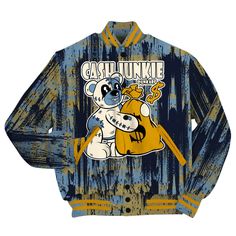 Brand Dunkare High OG First In Flight 1s Shirt - Cashs Junkie Bear Glitch Art All Over Print Baseball Varsity Jacket Graphic Print Cotton Outerwear For College, Varsity Cotton Outerwear With Graphic Print, Casual Cotton Varsity Jacket With Graphic Print, Collegiate Long Sleeve Outerwear With Graphic Print, Casual Blue Outerwear With Graffiti Print, Collegiate Fall Outerwear With Graphic Print, Blue Graphic Print Outerwear For Streetwear, Cotton Cartoon Print Streetwear Outerwear, Cotton Cartoon Print Outerwear For Streetwear