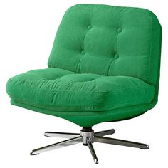 a green chair with chrome legs and wheels