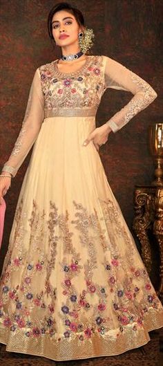 Beige and Brown color Salwar Kameez in Net fabric with Embroidered, Resham, Sequence, Stone, Thread, Zari work Eid Outfits, Eid Dresses, Embroidered Wedding