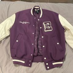 New, Never Worn Purple Varsity Jacket White Varsity Jacket With Pockets For Winter, White Hooded Varsity Outerwear, Winter Campus Outerwear With Pockets, Urban Purple Outerwear For Fall, Winter Outerwear With Pockets For Campus, Winter Outerwear For Campus With Pockets, White Varsity Jacket With Pockets For Fall, White Varsity Long Sleeve Outerwear, H&m Hooded Outerwear For Streetwear