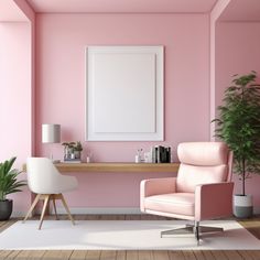 a living room with pink walls and a white chair in front of a desk that has a potted plant on it