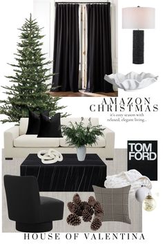 a living room filled with furniture and christmas tree in black and white color palettes