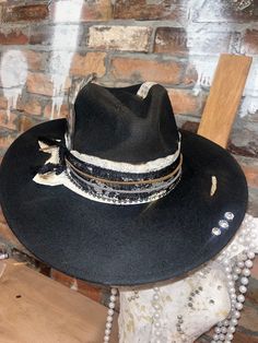 Hat Bar Accessories, Handmade Western Style Hat, Custom Hats For Women, Custom Burnt Cowgirl Hats, Brimmed Hats For Western-themed Country Festivals, Western-themed Felt Hat With Feathers And Flat Brim, Western-themed Fedora Hat With Feathers