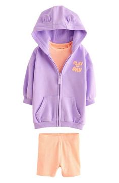 Your little one will stay comfortable as they play all day in this stretchy set that pairs a ribbed top with matching bike shorts and a  bright hoodie. Hoodie has front zip closure; fixed hood; elbow-length sleeves; split kangaroo pocket Bottoms have elastic waist Hoodie is 65% cotton, 35% polyester; top and bottoms are 61% polyester, 33% cotton, 6% elastane Machine wash, tumble dry Imported Spring Stretch Activewear For Play, Stretch Activewear For Spring, Spring Playwear Hooded Sets, Casual Long Sleeve Activewear For Play, Spring Playful Loungewear Hoodie, Playful Spring Loungewear Hoodie, Spring Sporty Hooded Sets, Sporty Hooded Sets For Spring, Purple Cotton Activewear For Spring