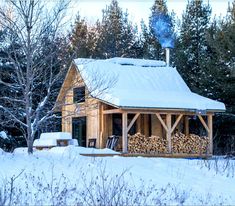 a small cabin in the middle of winter with snow on the ground and trees around it