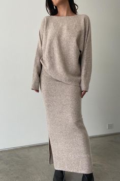 Asymmetrical knit top Midi Skirt Side Slit Model is 5'7" and is Wearing a Small Elastic Dress, Matching Sweaters, Cold Weather Fashion, Dark Beige, Loose Sweater, Mid Length Dresses, Sweater Set, Knit Set, Outfit Casual