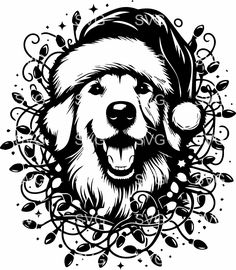 a black and white drawing of a dog wearing a santa hat with christmas decorations around it