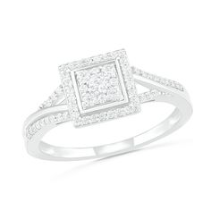 Tell her you love her with this unique diamond bridal set. Created in cool 10K white gold, the contemporary engagement ring features a square-shaped composite of diamonds - centered with a 1/20 ct. diamond - wrapped in polished and diamond-lined frames. Along the split shank, diamonds highlight polished ribbons. Complete her ensemble with contoured diamond-lined wedding band. Captivating with 3/8 ct. t.w. of diamonds and a brilliant buffed luster, this bridal set is ready for every beautiful mom White Square Cut Promise Ring, White Square Cut Wedding Ring, White Square Cut Fine Jewelry For Wedding, Square White Gold Ring For Anniversary, White Diamond Bridal Sets Princess Cut, Anniversary White Gold Square Ring, White Princess Cut Diamond Bridal Sets, White Square-cut Diamond Ring, White Square Cut Diamond Ring