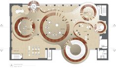 the floor plan for an office building with circular seating and spiral staircases on each level