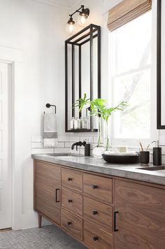 a bathroom with two sinks, mirrors and a plant in the middle of the counter