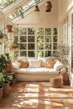 a sun room filled with lots of potted plants