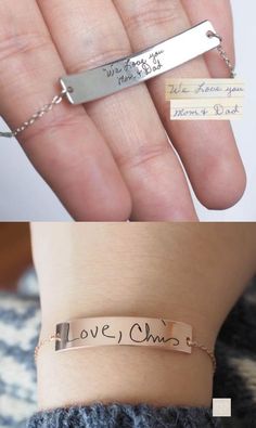 two different bracelets that say love and one has handwriting on the back of it