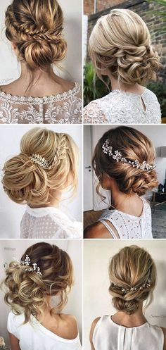 some pictures of different hairstyles and hair accessories for the bride to wear on her wedding day