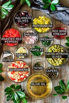 the ingredients for this recipe include olives, pepperoni, red wine, garlic, and other vegetables