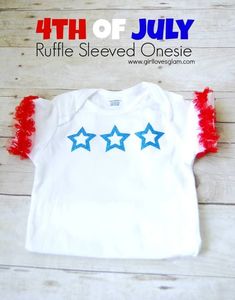 the fourth of july ruffle sleeved onesie is shown with red, white and blue stars