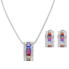 PRICES MAY VARY. Necklace and earrings set with multi color AAA cubic zirconia stones, sided with clear cz stones 16" necklace with 3" extension, 0.95" x 0.5" necklace pendant, 0.7" x 0.35" earrings 2 different plating and main stones colors to match Perfect jewelry to expend fashion wardrobe or for bridal jewelry Gift-ready packaging with jewelry box This classic design necklace and earrings set will make the perfect choice for your special someone for Perfect gift for wedding, Mothers Day, bir Multicolor Diamond Jewelry With Sparkling Stones, Multicolor Cubic Zirconia Jewelry With Sparkling Stones, Rainbow Cubic Zirconia Jewelry With Sparkling Stones, Elegant Rainbow Jewelry With Sparkling Stones, Elegant Rainbow Cubic Zirconia Jewelry, Elegant Rainbow Crystal Jewelry, Multicolor Diamond Jewelry Set With Matching Earrings, Multicolor Cubic Zirconia Earrings, Rainbow Multi-stone Cubic Zirconia Jewelry