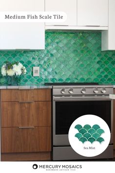 a fish scale tile backsplash in a kitchen