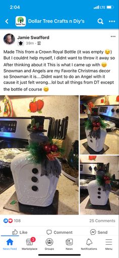 an image of a snowman made out of some kind of plastic bottle with christmas decorations on it