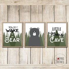 three posters with the words don't wake, little bear and cave on them