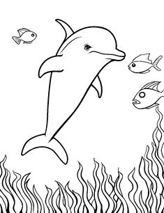 a dolphin and fish swimming in the ocean coloring pages for kids, with black and white lines