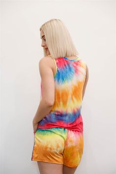 🖤 Item features: Rainbow, tie-dye print, crew neckline tank top, elasticized waistline shorts, adjustable drawstring, two side pockets, mini length, loose fit, stretchy, unlined, loungewear, comfy, trendy, breathable Comfortable Multicolor Summer Sleepwear, Multicolor Sleeveless Cotton Sleepwear, Multicolor Cotton Summer Sleepwear, Multicolor Casual Summer Sleepwear, Casual Multicolor Summer Sleepwear, Multicolor Tank Top For Summer Loungewear, Multicolor Casual Tank Top For Loungewear, Multicolor Sleeveless Tank Top For Loungewear, Casual Multicolor Tank Top For Loungewear