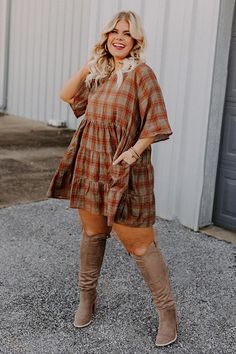 Thanks Giving Outfits Women Plus, Fall Transition Outfits Plus Size, Short Story Clothing, Plus Size Fall Dresses With Boots, Plus Size Pumpkin Patch Outfit, Plus Size Western Dresses, Plus Size Fall Fashion For Women, Fall Winter Outfits Plus Size, Fall Plus Size Dresses