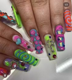 90s Nail Art Design, Wacky Nail Designs, Neon Pigment Nail Art, Carribean Nails, Nail Art Colorful, 90s Nails, Pastel Nail Polish, Hearts And Stars, Long Acrylic Nail Designs