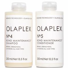 Olaplex No. 5 Bond Maintenance Conditioner 8. 5 oz The No. 5 Bond Maintenance Conditioner is a highly-moisturizing, reparative conditioner that protects and repairs damaged hair, split ends, and frizz by re-linking broken bonds. It is for all hair types and leaves hair easy to manage, shiny, and healthier with each use. It is color-safe, leaves hair stronger than ever, and benefits all hair types and textures. Olaplex No. 4 Bond Maintenance Shampoo 8. 5 oz This shampoo repairs and protects hair Olaplex Products, Olaplex Shampoo, Shampoo And Conditioner Set, Best Shampoos, Damaged Hair Repair, Hair Breakage, Hair Maintenance, Hair Repair, Laura Mercier