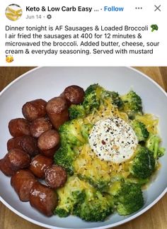 a white plate topped with broccoli and meatballs next to a tweet