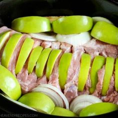 an image of food in the crock pot with apples and meat on it, ready to be cooked