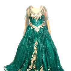 Sequins Green Emerald And Gold. Comes With A Scarf Never Been Used Green Formal Evening Dress For Festive Occasions, Festive Green Evening Dress For Gala, Green Evening Dress For Gala Festive, Festive Green Gala Dress, Festive Green Floor-length Evening Dress, Green Floor-length Evening Dress For Reception, Green Sequin Dress For Reception, Elegant Green Evening Dress For Festive Occasions, Embellished Green Dress For Reception