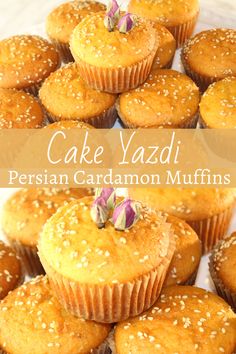 some muffins are sitting on a plate with the words cake yazdi