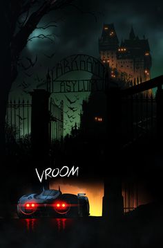 an image of a car with the word vroom on it in front of a castle at night