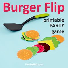 a burger flip game is shown on a blue background with the words, printable party game