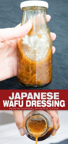 someone is pouring maple syrup into a jar with the words japanese wafu dressing in it