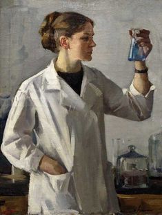 a painting of a woman in white lab coat holding a flask