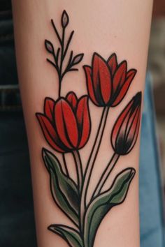 tattoo art Tattoo Gap Filler Ideas American Traditional, American Traditional Tulip, Red Tulips Tattoo, Black And Color Flower Tattoo, Cool Tattoo Ideas Female, Traditional Flowers Tattoo Design, Flower Color Tattoos, Bold Traditional Tattoos, 2 Hour Tattoo Ideas