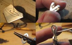 four pictures showing the process of making an earring with silver wire and metal hooks